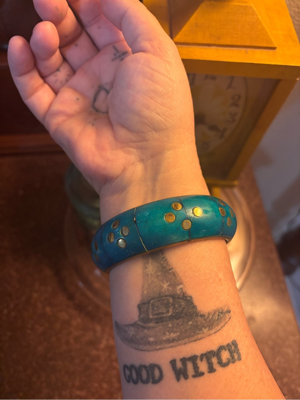 Vintage Turquoise wood and brass Inlay Dome Bangle Bracelet - Unbranded